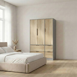 Urbn-Living Urbnliving 3 Door Wardrobe With 4 Drawers  Wooden Bedroom Storage Cupboard With Hanging Rail For Clothes - Grey Unit & Oak Doors - thumbnail 3