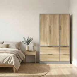 Urbn-Living Urbnliving 3 Door Wardrobe With 4 Drawers  Wooden Bedroom Storage Cupboard With Hanging Rail For Clothes - Grey Unit & Oak Doors - thumbnail 2