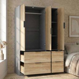 Urbn-Living Urbnliving 3 Door Wardrobe With 4 Drawers  Wooden Bedroom Storage Cupboard With Hanging Rail For Clothes - Grey Unit & Oak Doors - thumbnail 5