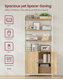 Vasagle 6-Tier Bookcase, Tall Bookshelf With Door, Metal Frame, Adjustable Shelves, 24 X 60 X 159.5 Cm, Golden Oak And Matte White - thumbnail 4