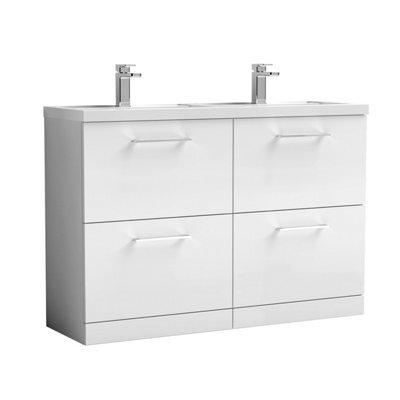 Balterley Level 1200mm Floor Standing 4 Drawer Vanity Unit With Double Basin, Handles & Overflow For Bathroom Storage Gloss White - image 1