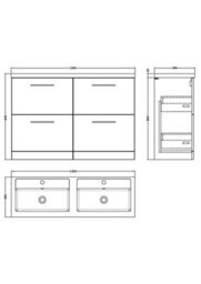 Balterley Level 1200mm Floor Standing 4 Drawer Vanity Unit With Double Basin, Handles & Overflow For Bathroom Storage Gloss White - thumbnail 2