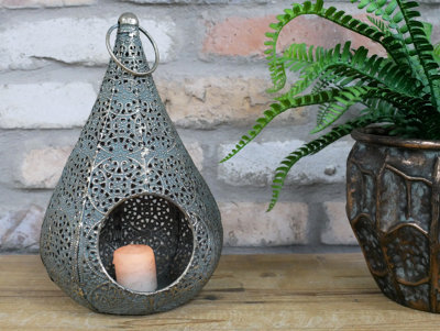 Annibells Gold Grey Metal Teardrop Moroccan Candle Lantern  (11495)
