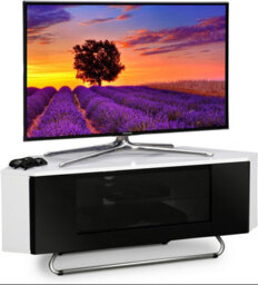 "Centurion Supports Hampshire Corner-Friendly White With Beam-Thru Remote Friendly Black Door Up To 50"" Flat Screen Tv Cabinet"