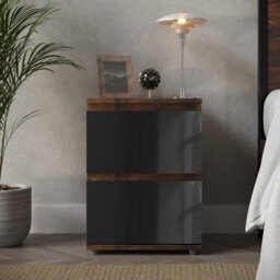 Urbn-Living Urbnliving 49Cm Height Glossy 2 Drawers Bedside Cabinet Chest Of Drawers With Smooth Metal Runner Rustic Brown & Black - thumbnail 2