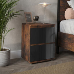 Urbn-Living Urbnliving 49Cm Height Glossy 2 Drawers Bedside Cabinet Chest Of Drawers With Smooth Metal Runner Rustic Brown & Black - thumbnail 5