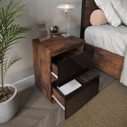 Urbn-Living Urbnliving 49Cm Height Glossy 2 Drawers Bedside Cabinet Chest Of Drawers With Smooth Metal Runner Rustic Brown & Black - thumbnail 4