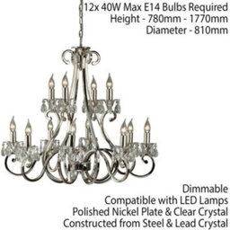 Esher Ceiling Pendant Chandelier Polished Nickel & Crystal Curved 12 Lamp Light - thumbnail 2