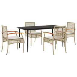 Berkfield 5 Piece Garden Dining Set With Cushions Beige Poly Rattan - thumbnail 2