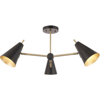 Loops Matt Antique Brass Semi Flush Low Ceiling Light - Matt Black Shade - 3X 7W Led E14 - image 1