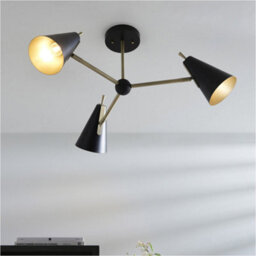 Loops Matt Antique Brass Semi Flush Low Ceiling Light - Matt Black Shade - 3X 7W Led E14 - thumbnail 4
