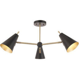 Loops Matt Antique Brass Semi Flush Low Ceiling Light - Matt Black Shade - 3X 7W Led E14