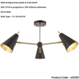 Loops Matt Antique Brass Semi Flush Low Ceiling Light - Matt Black Shade - 3X 7W Led E14 - thumbnail 2