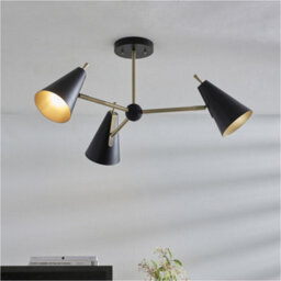 Loops Matt Antique Brass Semi Flush Low Ceiling Light - Matt Black Shade - 3X 7W Led E14 - thumbnail 3