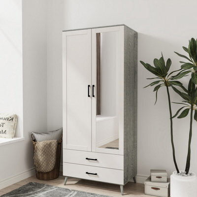 Urbn-Living Urbnliving 180Cm Height Ash Grey Wardrobe With Mirror Black 2 Door 2 Drawer Bedroom Clothes Storage Hanging Rail - image 1