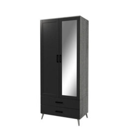 Urbn-Living Urbnliving 180Cm Height Ash Grey Wardrobe With Mirror Black 2 Door 2 Drawer Bedroom Clothes Storage Hanging Rail - thumbnail 6