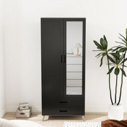 Urbn-Living Urbnliving 180Cm Height Ash Grey Wardrobe With Mirror Black 2 Door 2 Drawer Bedroom Clothes Storage Hanging Rail - thumbnail 2