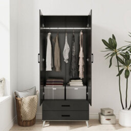 Urbn-Living Urbnliving 180Cm Height Ash Grey Wardrobe With Mirror Black 2 Door 2 Drawer Bedroom Clothes Storage Hanging Rail - thumbnail 4