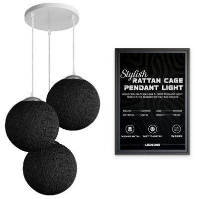 Ledsone Modern 3 Way Decorative Vine Ball Rattan Shade Chandelier Three Head Ceiling Pendant Light Home Decor Black - image 1