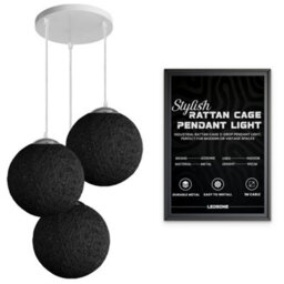 Ledsone Modern 3 Way Decorative Vine Ball Rattan Shade Chandelier Three Head Ceiling Pendant Light Home Decor Black