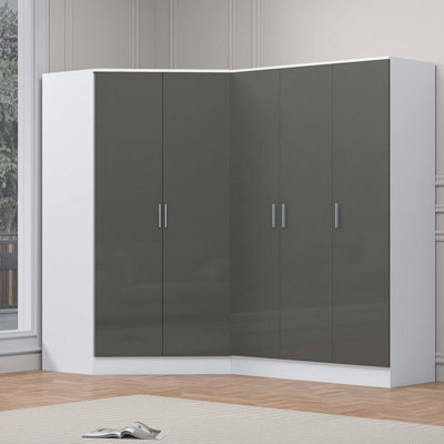 Reflect 2Pc Wardrobe Bundle - 2 Door Corner + 3 Door Plain - Grey Gloss & Matt White - H: 180Cm X W: 179Cm X D: 103Cm - image 1