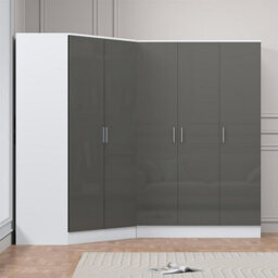 Reflect 2Pc Wardrobe Bundle - 2 Door Corner + 3 Door Plain - Grey Gloss & Matt White - H: 180Cm X W: 179Cm X D: 103Cm - thumbnail 3