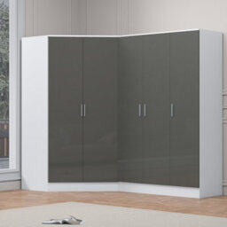 Reflect 2Pc Wardrobe Bundle - 2 Door Corner + 3 Door Plain - Grey Gloss & Matt White - H: 180Cm X W: 179Cm X D: 103Cm - thumbnail 1