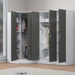 Reflect 2Pc Wardrobe Bundle - 2 Door Corner + 3 Door Plain - Grey Gloss & Matt White - H: 180Cm X W: 179Cm X D: 103Cm - thumbnail 2