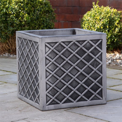 39Cm Large Square Plastic Pewter Effect Grey Garden Patio Planter - image 1