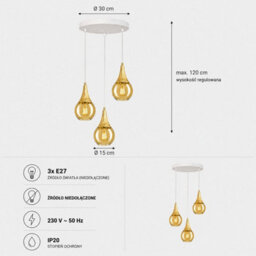 Luminosa Lighting Luminosa Lacrima Cluster Pendant Ceiling Light White, Gold Amber Glass Shade 3X E27 - thumbnail 4
