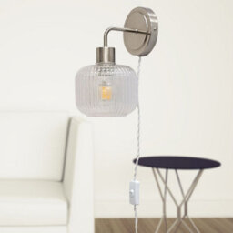 First Choice Lighting Toby - Satin Nickel Plug In Wall Light With Batley Ribbed Glass Shade - thumbnail 4
