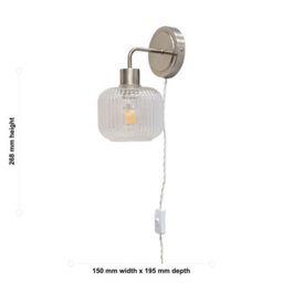 First Choice Lighting Toby - Satin Nickel Plug In Wall Light With Batley Ribbed Glass Shade - thumbnail 5
