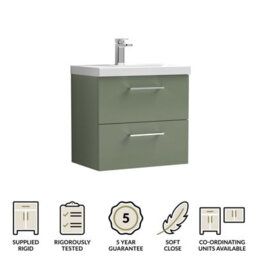 Balterley Bramshall Modern Bathroom Wall Hung 2 Soft Close Drawer Vanity Unit & Mid-Edge Basin, Satin Green, 610mm - thumbnail 6