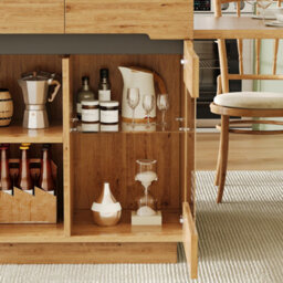 Btm Kitchen Island Extendable Table Led App Control Oak Effect Glass Door Storage Cabinet Kitchen Dining Room Furniture - thumbnail 8