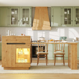 Btm Kitchen Island Extendable Table Led App Control Oak Effect Glass Door Storage Cabinet Kitchen Dining Room Furniture - thumbnail 5