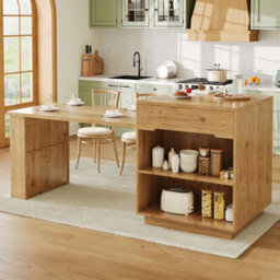 Btm Kitchen Island Extendable Table Led App Control Oak Effect Glass Door Storage Cabinet Kitchen Dining Room Furniture - thumbnail 4