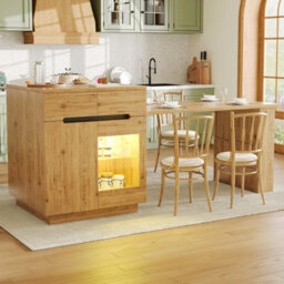 Btm Kitchen Island Extendable Table Led App Control Oak Effect Glass Door Storage Cabinet Kitchen Dining Room Furniture - thumbnail 2