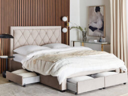 Beliani Bed With Storage Drawers Velvet Lievin 160 X 200 Cm (Eu King Size) Beige - thumbnail 2