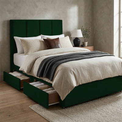 "Adore Designs Stafford Plush Velvet Divan Bed, 50"" Headboard - 4Ft6 Double - Emerald Green - 2 Drawers Foot End" - image 1
