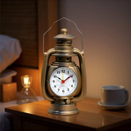 Oil Lamp Table Clock Yellow Brass Metal Desk Clock With Classic Lantern Design, Battery Operated Quartz Timepiece For Home - thumbnail 9
