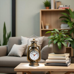 Oil Lamp Table Clock Yellow Brass Metal Desk Clock With Classic Lantern Design, Battery Operated Quartz Timepiece For Home - thumbnail 3