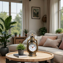 Oil Lamp Table Clock Yellow Brass Metal Desk Clock With Classic Lantern Design, Battery Operated Quartz Timepiece For Home - thumbnail 6