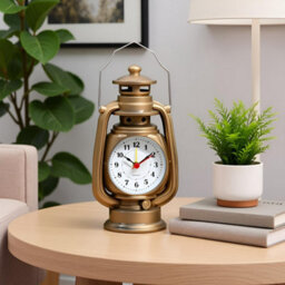 Oil Lamp Table Clock Yellow Brass Metal Desk Clock With Classic Lantern Design, Battery Operated Quartz Timepiece For Home - thumbnail 5