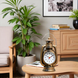 Oil Lamp Table Clock Yellow Brass Metal Desk Clock With Classic Lantern Design, Battery Operated Quartz Timepiece For Home - thumbnail 7