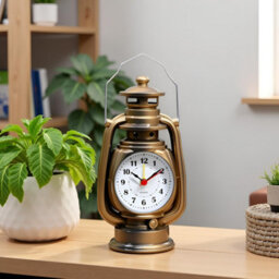 Oil Lamp Table Clock Yellow Brass Metal Desk Clock With Classic Lantern Design, Battery Operated Quartz Timepiece For Home - thumbnail 4