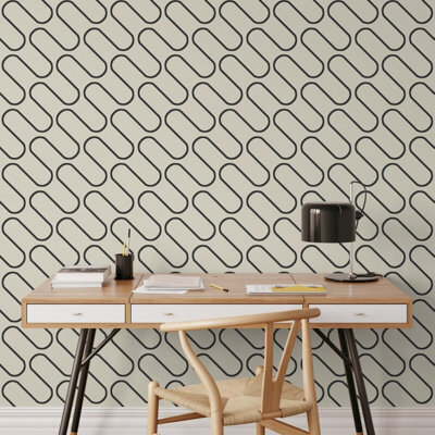 Muriva Cream And Black Linear Curve Wavey Lines Neutral Minimalist Feature Wallpaper - image 1