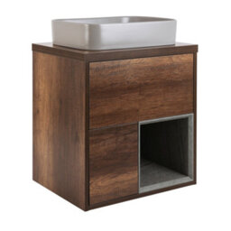 Homestylestore Dark Oak 594mm Led Lit Wall Hung Bathroom Vanity Unit Rectangular Pebble Countertop Basin Open Shelf