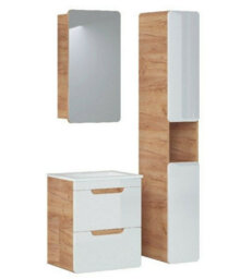 Impact Furniture Wall Mounted Bathroom Cabinets Furniture Set 500mm Vanity Unit Mirror And Slim Tallboy White Gloss Oak Aruba - thumbnail 3