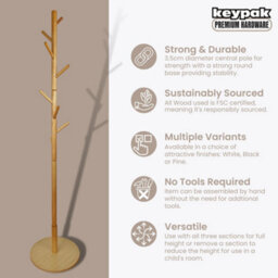 Keypak Wooden Coat Stand With Round Base, 170Cm Freestanding Clothes Rack - Pine - thumbnail 2