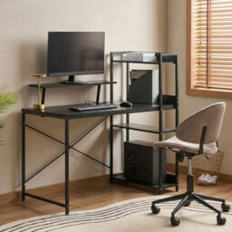 Wyld And Coco Novadesk Home Office Desk With Iron Frame, 5 Shelves And Monitor Stand - Black Matt - W120 X D64 X H120Cm - thumbnail 2